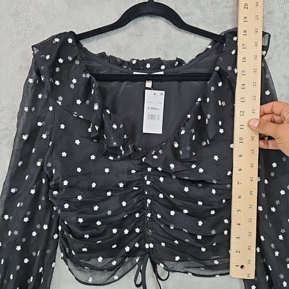 Wayf Crop Top Womens Size XS Black Embroidered Daisy Floral Chiffon Cinch Front - Picture 5 of 11
